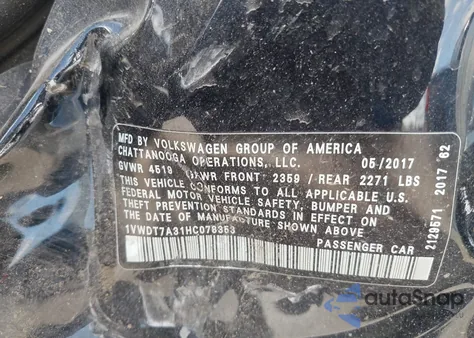 2017 Volkswagen Passat 1.8T R-Line z USA, uszkodzony, nr VIN 1VWDT7A31HC078353